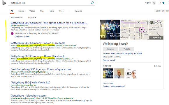 Bing search results for Gettysburg SEO