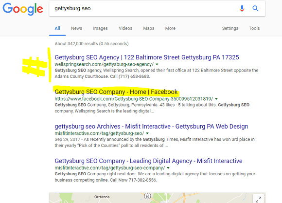 Gettysburg SEO search result in Google