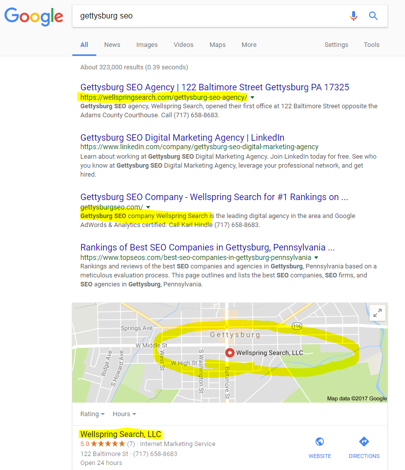 Gettysburg SEO search result in Google